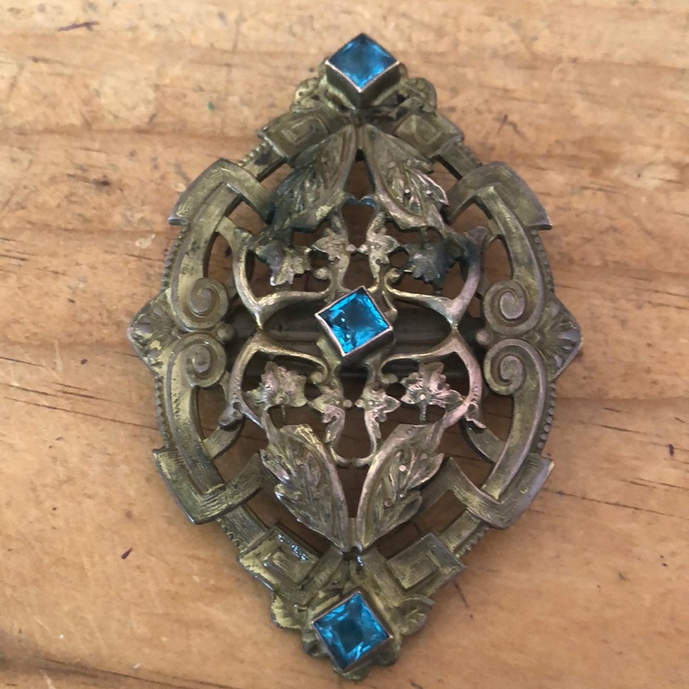 Vintage Brass and Blue Stone Brooch